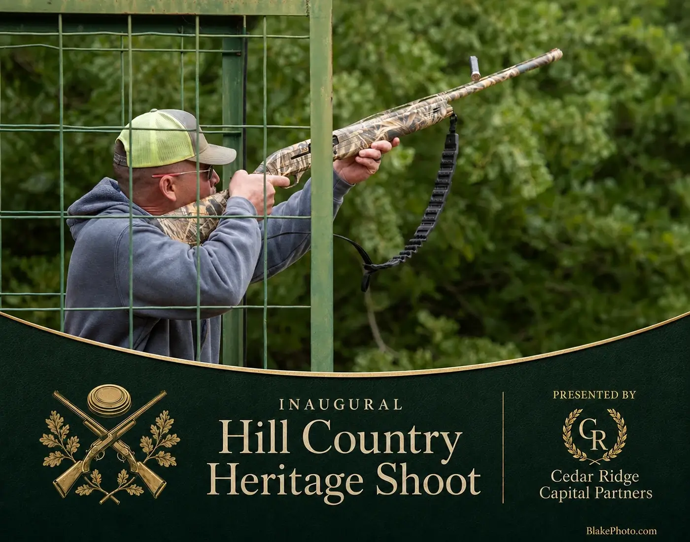 Clay shoot action photograph captured during tournament competition.