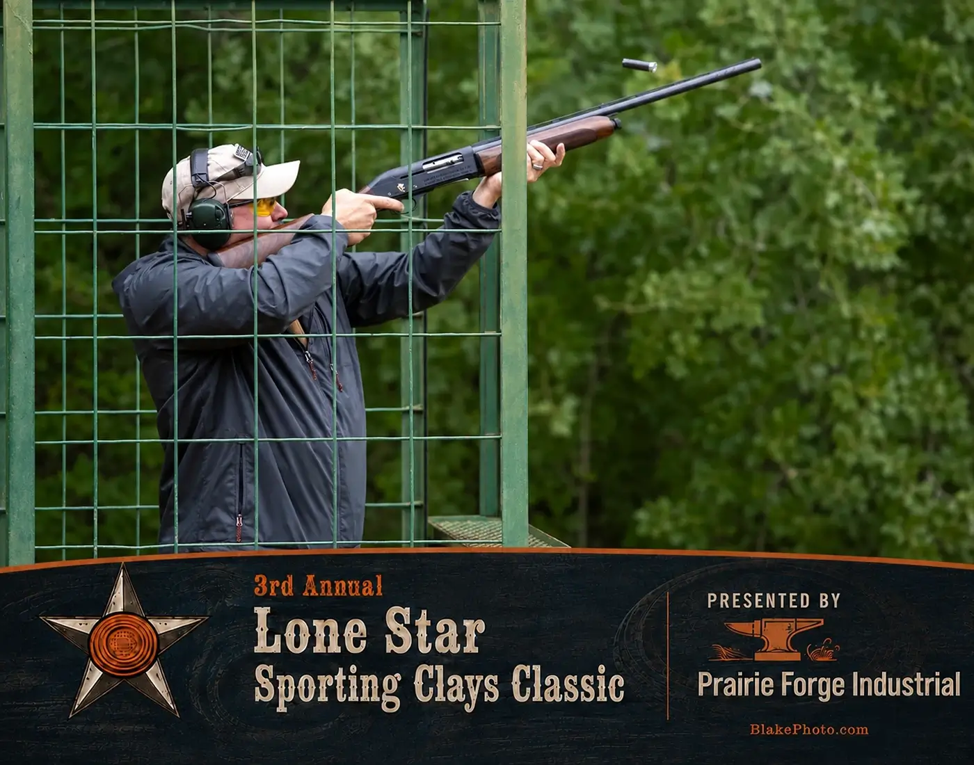 Shooter tracking a clay target during a Dallas- Ft. Worth sporting clays event.