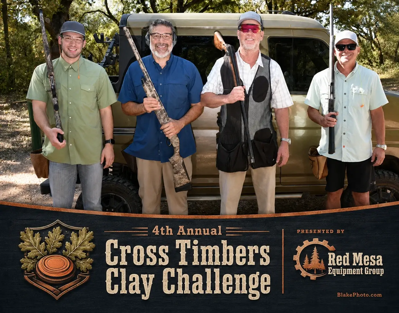 Branded clay shoot team photograph featuring tournament and sponsor information.