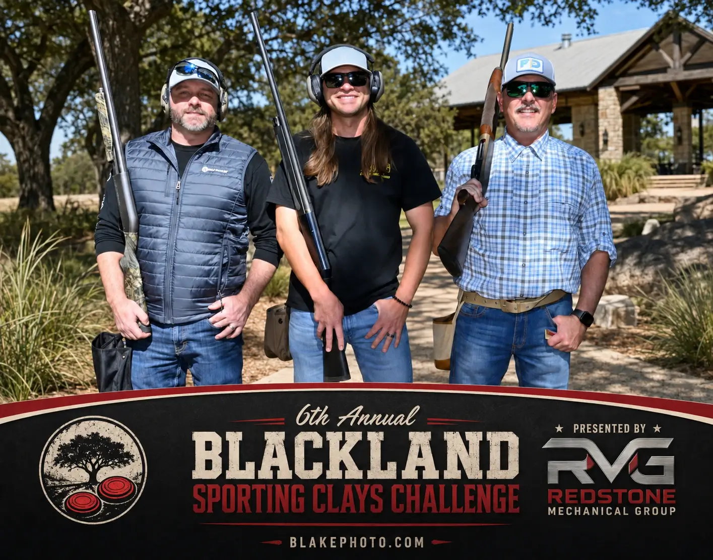Branded clay shoot team photograph featuring tournament and sponsor information.