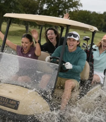 `Golf tournament team splashing through a water hazard in a golf cart`