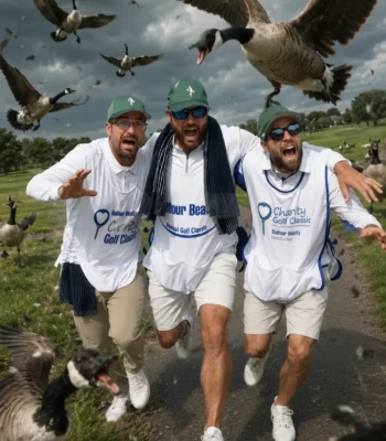 Three charity golf tournament participants running from an exaggerated flock of geese on the course