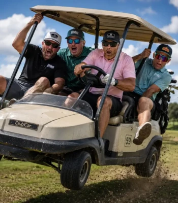 `Comedic golf tournament team riding in an airborne golf cart`